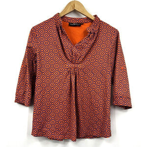 Liza Byrd Top Womens Geometric V Neck 3/4 Sleeve Blue Orange Shirt Size Medium